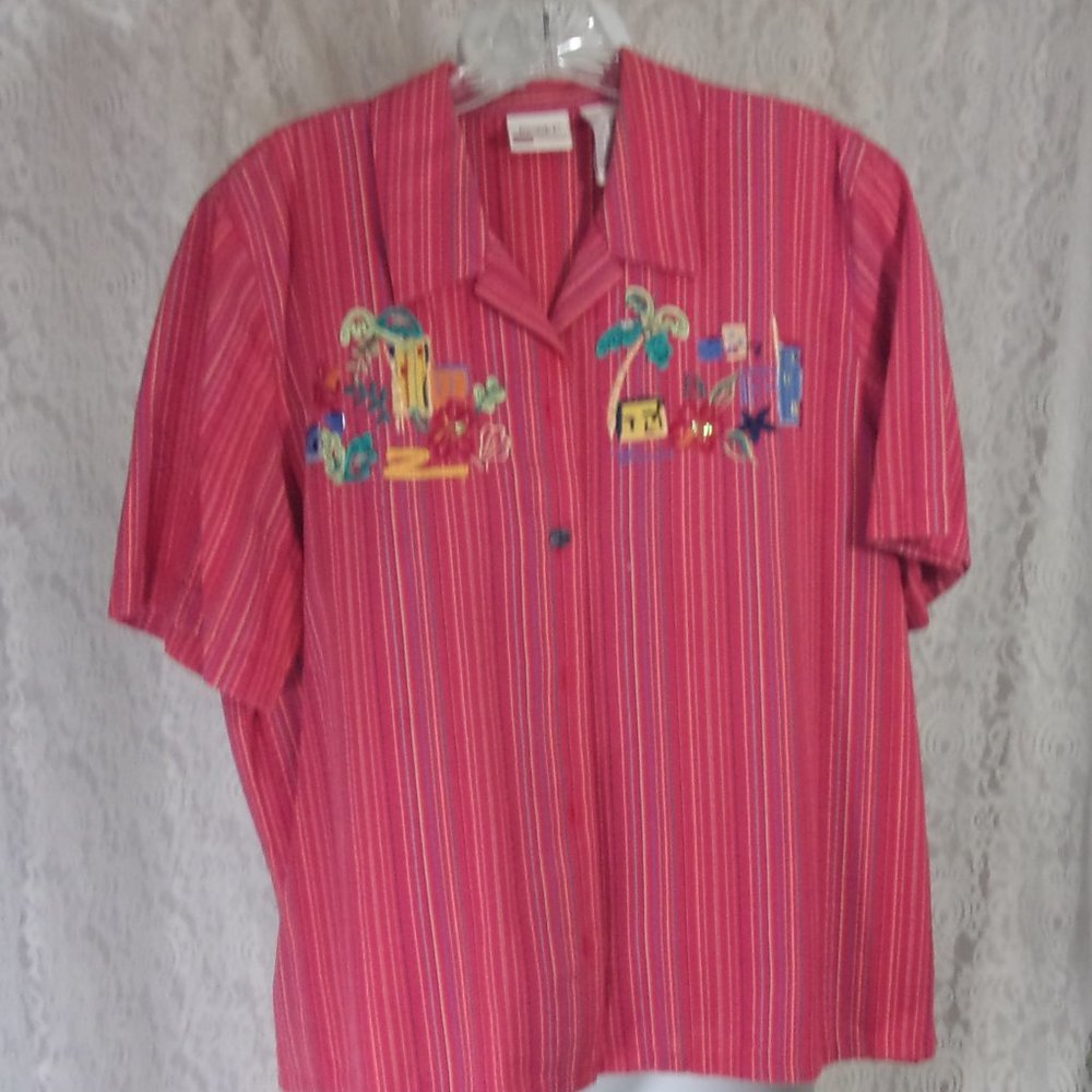 Koret Summer Top Red Pinstripes with Embroidery Size L NWOT